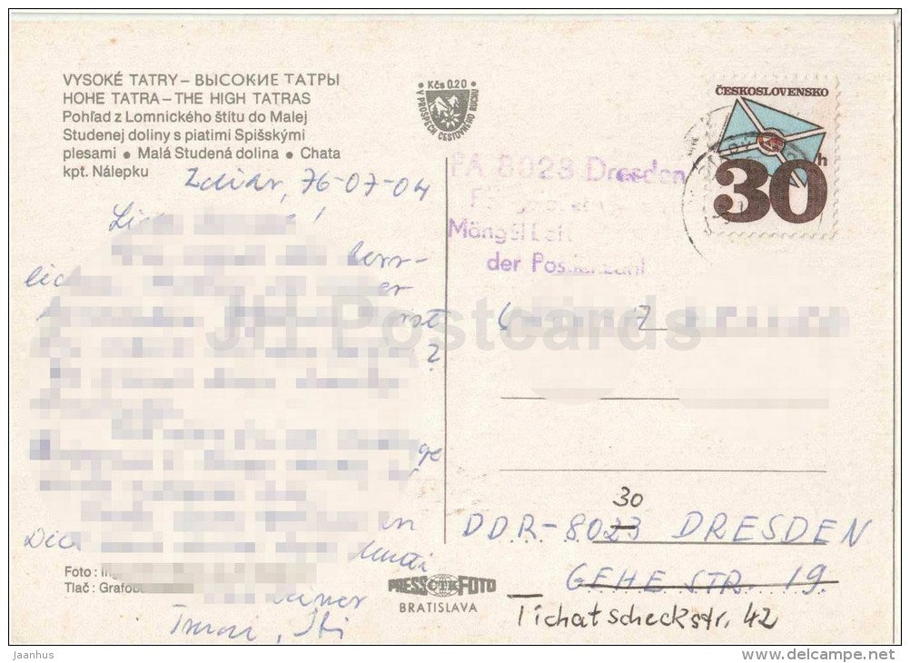 Mala Studena valley - cottage - Vysoke Tatry - High Tatras - Demanovska Dolina - Czechslovakia - Slovakia - used 1976 - JH Postcards