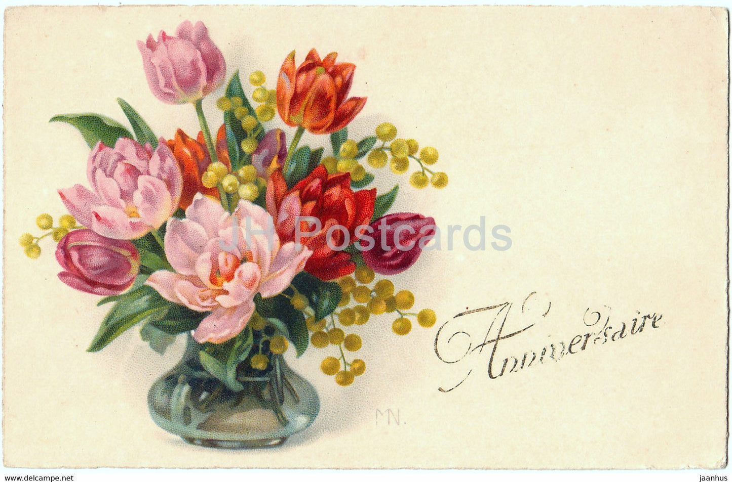 Birthday Greeting Card - Anniversaire - flowers - tulips -  illustration - MB - old postcard - 1929 - France - used - JH Postcards