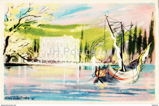 Istanbul - Kucuksu Palace - sailing ship - illustration - old postcard - Turkey - unused - JH Postcards