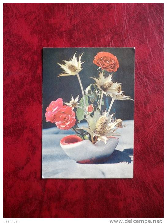 composition - roses -  flowers - mini card - 1983 - Estonia - USSR - unused - JH Postcards