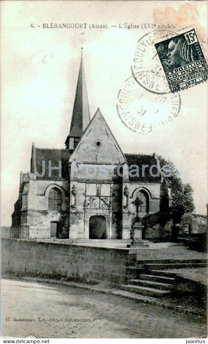 Blerancourt - L'Eglise - church - 6 - old postcard - 1932 - France - used - JH Postcards