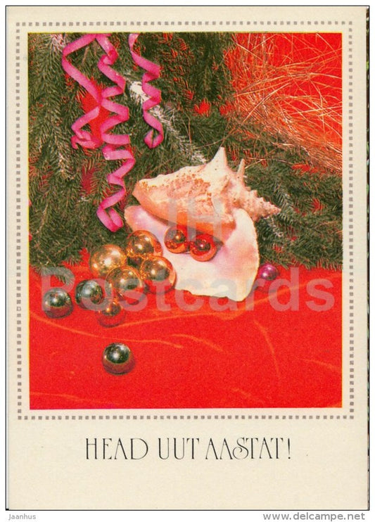 New Year Greeting card - 3 - decorations - sea shell - 1977 - Estonia USSR - used - JH Postcards