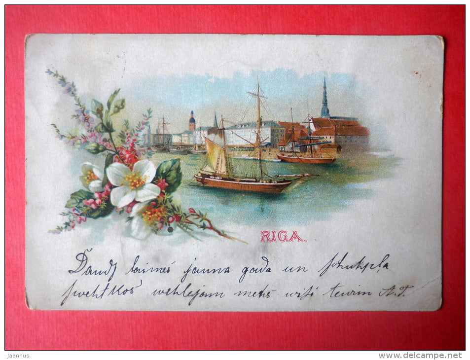 sailing ship - boat - Old Town view - Riga - old postcard - sent from Latvia to Estonia Wesenberg Imperial Russia 1903 - JH Postcards