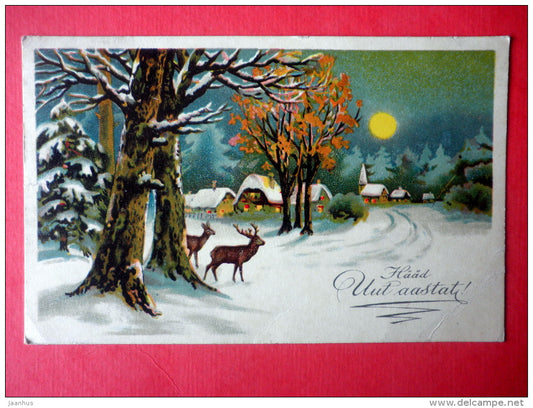 new year greeting card - deer - village - winter road - WO 706 - circulated in Estonia Rakvere 1934 - JH Postcards