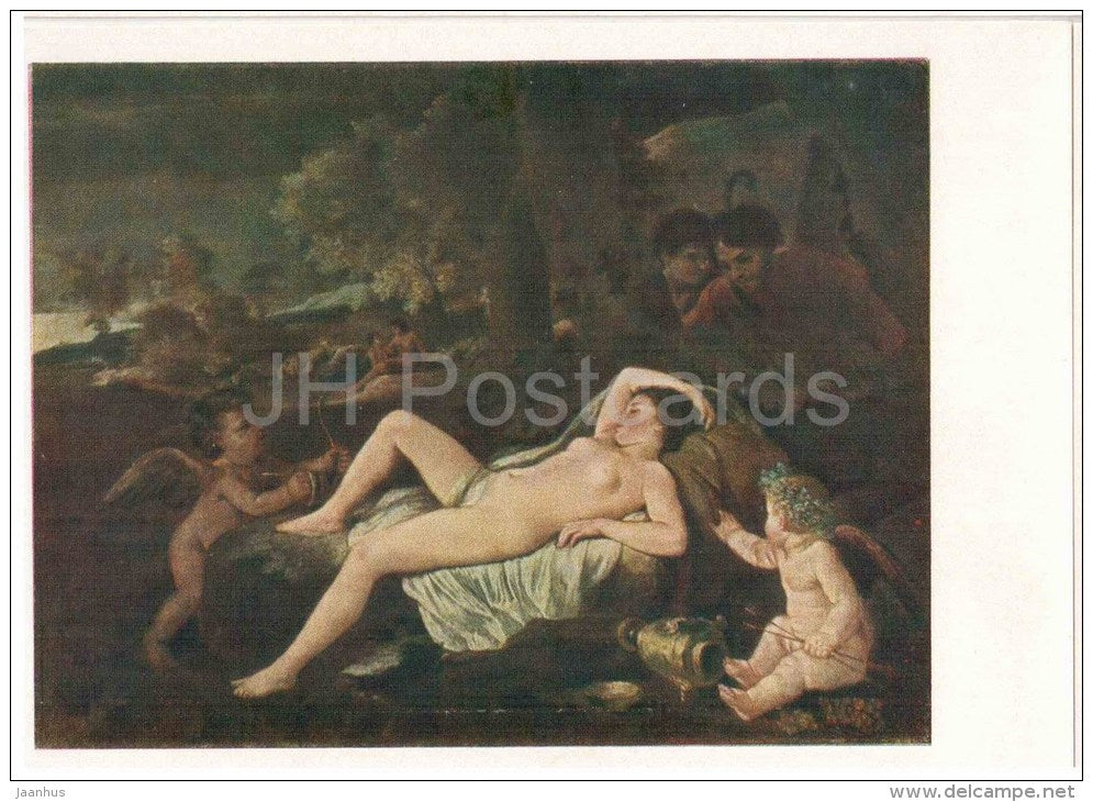 painting by Nicolas Poussin , Sleeping Venus - angel - french art - unused - JH Postcards