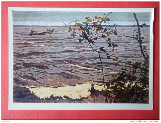 painting by Myud Mechev - Autumn Flurry , 1963 - boat - russian art - unused - JH Postcards