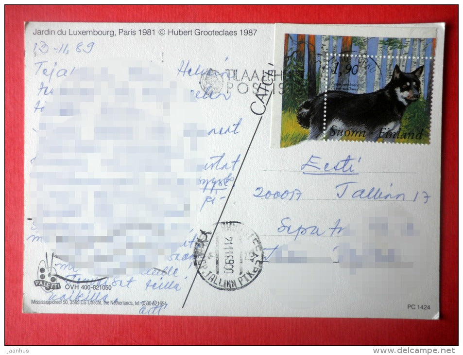 Jardin du Luxembourg - garden - dog - lapphund - PC 1424 - Luxembourg - sent from Finland Turku to Estonia USSR 1989 - JH Postcards