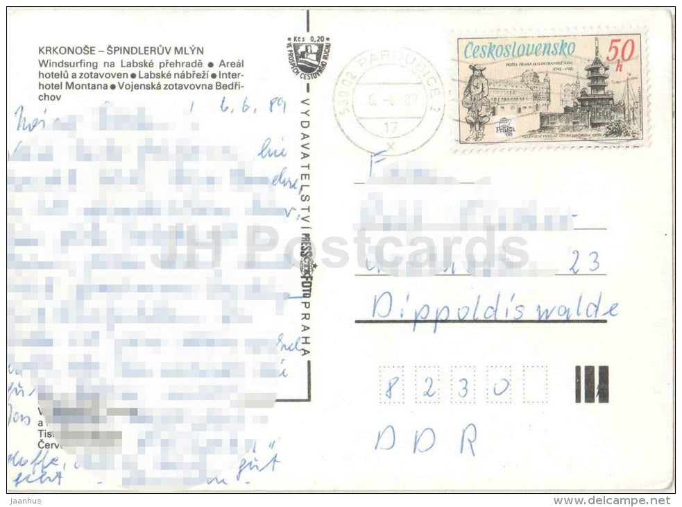 Krkonose - Spindleruv Mlyn - windsurfing - hotel Areal - interhotel Montana - spa - Czechoslovakia - Czech - used 1989 - JH Postcards