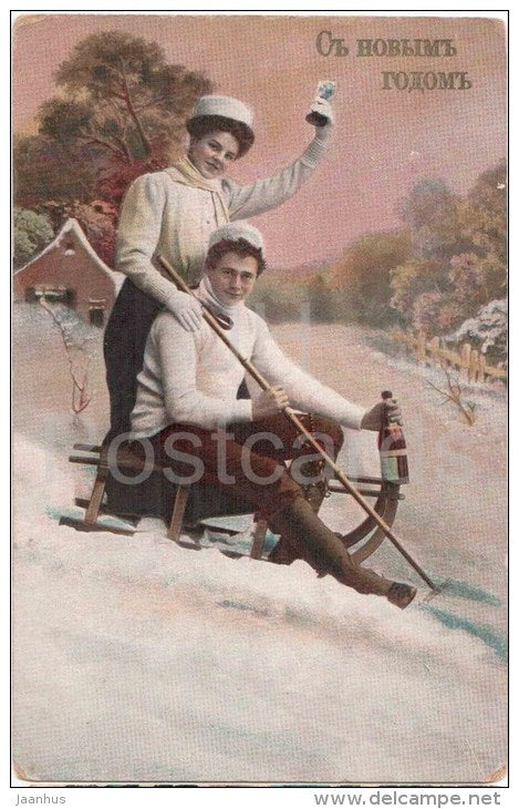 new year greeting card - man and woman - sledge - champagne - serie 858 - circulated in Imperial Russia Estonia 1911 - JH Postcards