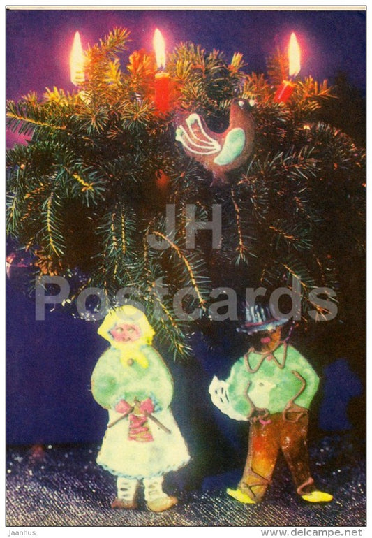 New Year Greeting card - gingerbreads - candle - 1976 - Estonia USSR - used - JH Postcards