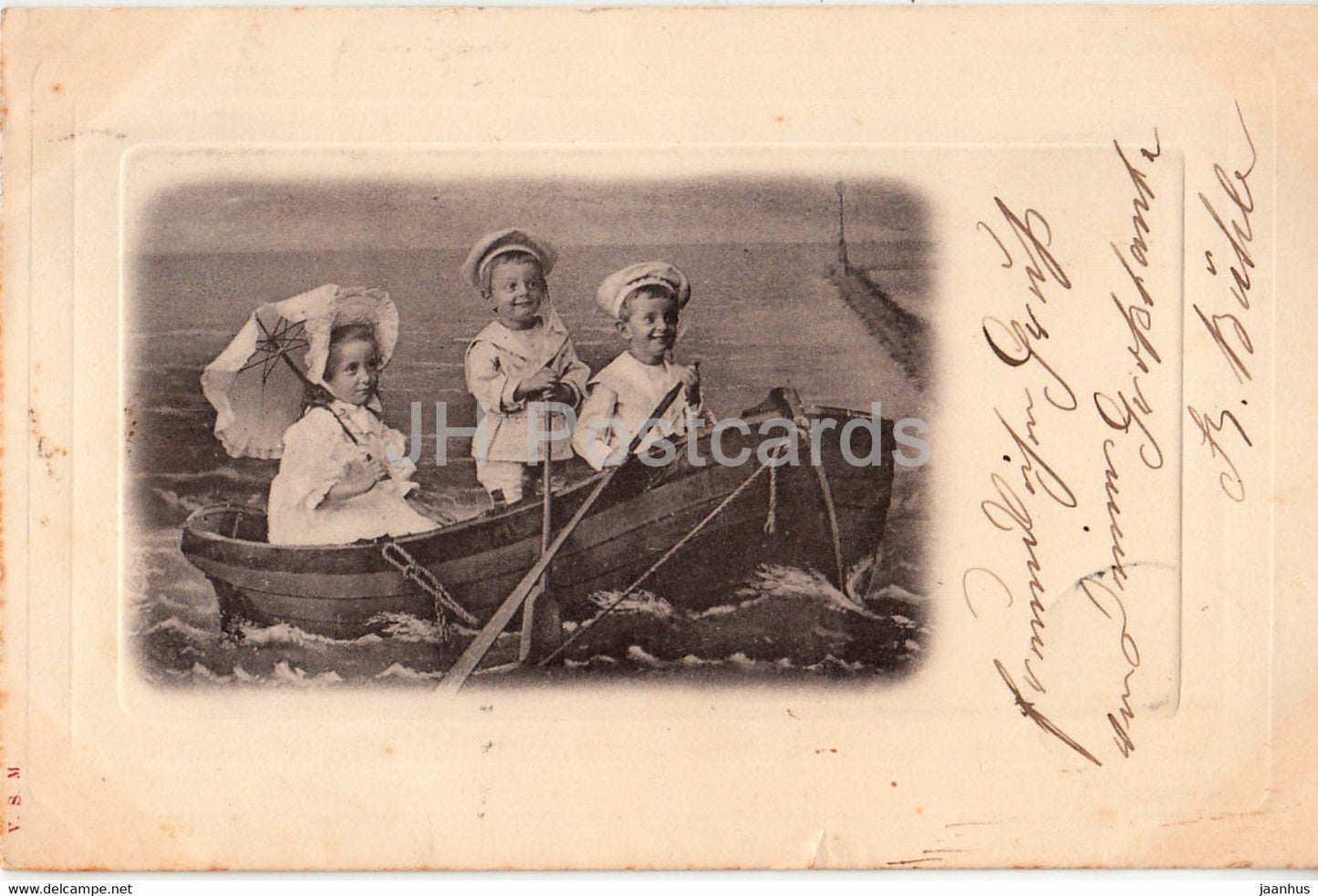 children in a boat - V S M - old postcard - 1901 - used - JH Postcards