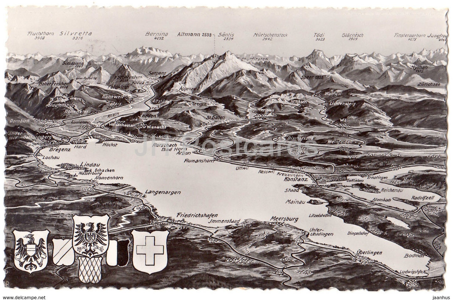 Langenargen - Meersburg - Konstanz - Lindau - Friedrichshafen - map - 517 - Switzerland - 1941 - used - JH Postcards