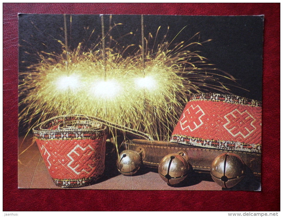 New Year Greeting card - sparklers - belt of folk costume - sleigh bells - 1984 - Estonia USSR - used - JH Postcards