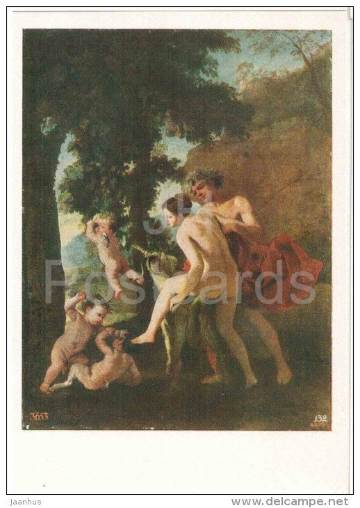 painting by Nicolas Poussin , Satyr and Bacchante - angel - french art - unused - JH Postcards