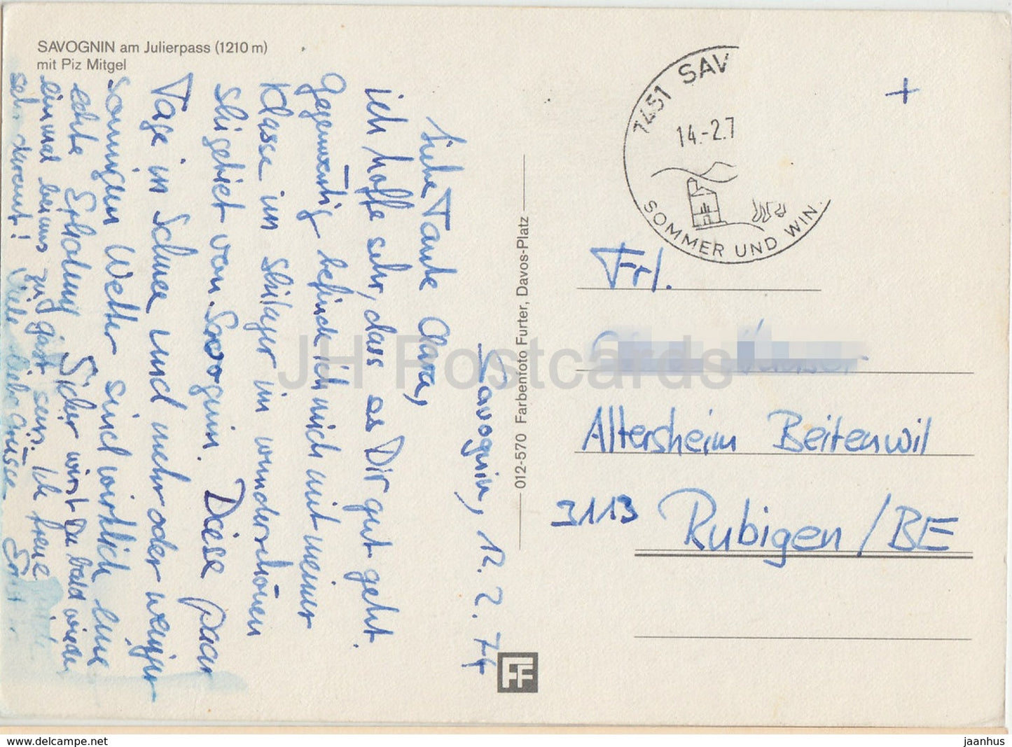 Savognin am Julierpass 1210 m mit Piz Mitgel - 1974 - Switzerland - used