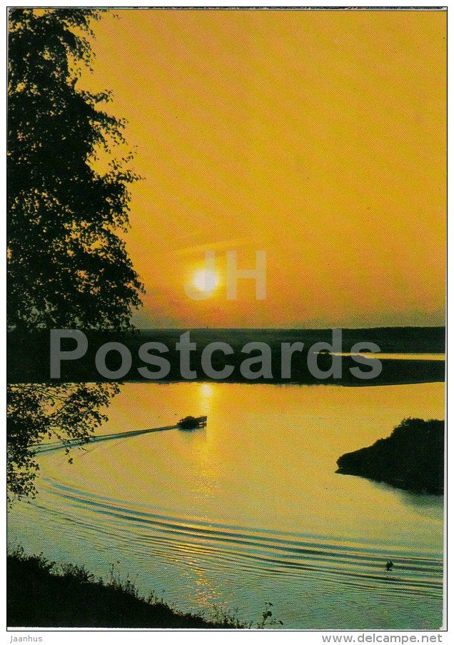 river - sunset - boat - 1984 - Russia USSR - unused - JH Postcards