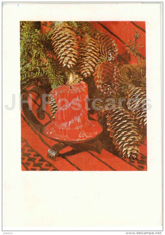 New Year Greeting Card - candle - fir cones - 1 - 1980 - Estonia USSR - used - JH Postcards