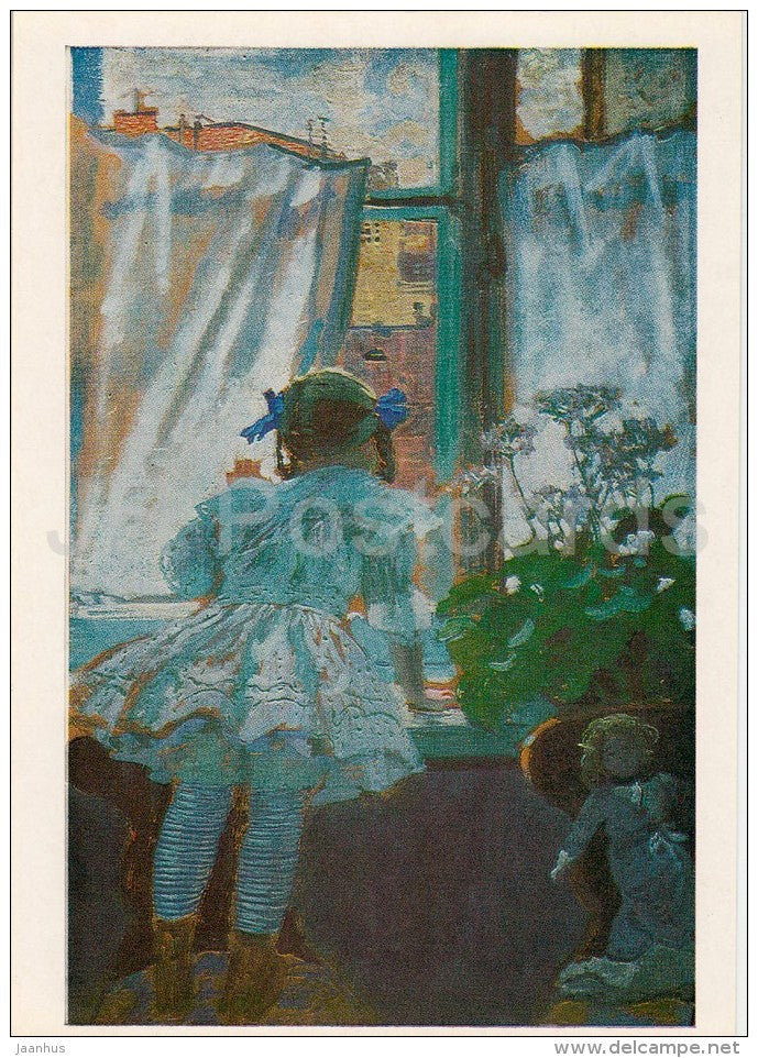 painting by B. Kustodiev - By the Window . The Daughter of Artist , 1910 - Russian art - 1985 - Russia USSR - unused - JH Postcards