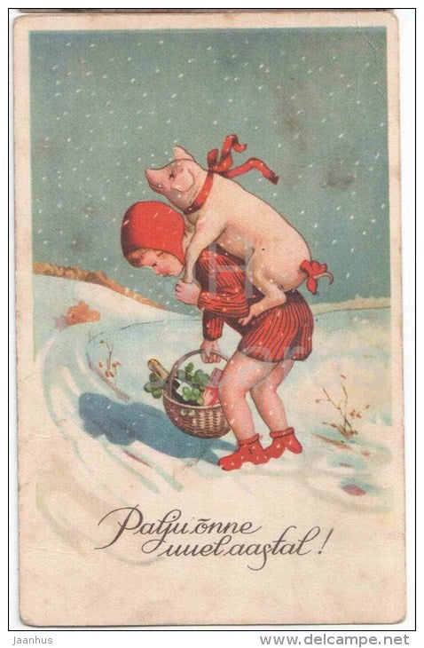 new year greeting card - boy - pig - basket - HM - circulated in Estonia 1930s - JH Postcards