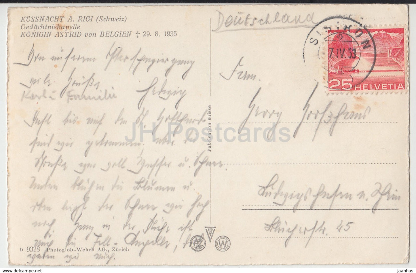 Kussnacht A. Rigi - Gedachtniskapelle - Konigin Astrid von Belgien - 9328 - Switzerland - 1953 - used