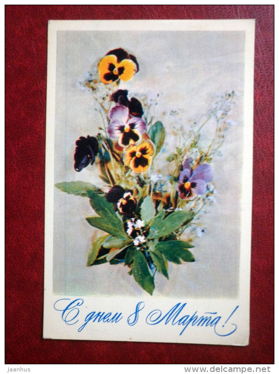 8 March Greeting Card - composition - pansy - flowers - 1977 - Russia USSR - used - JH Postcards