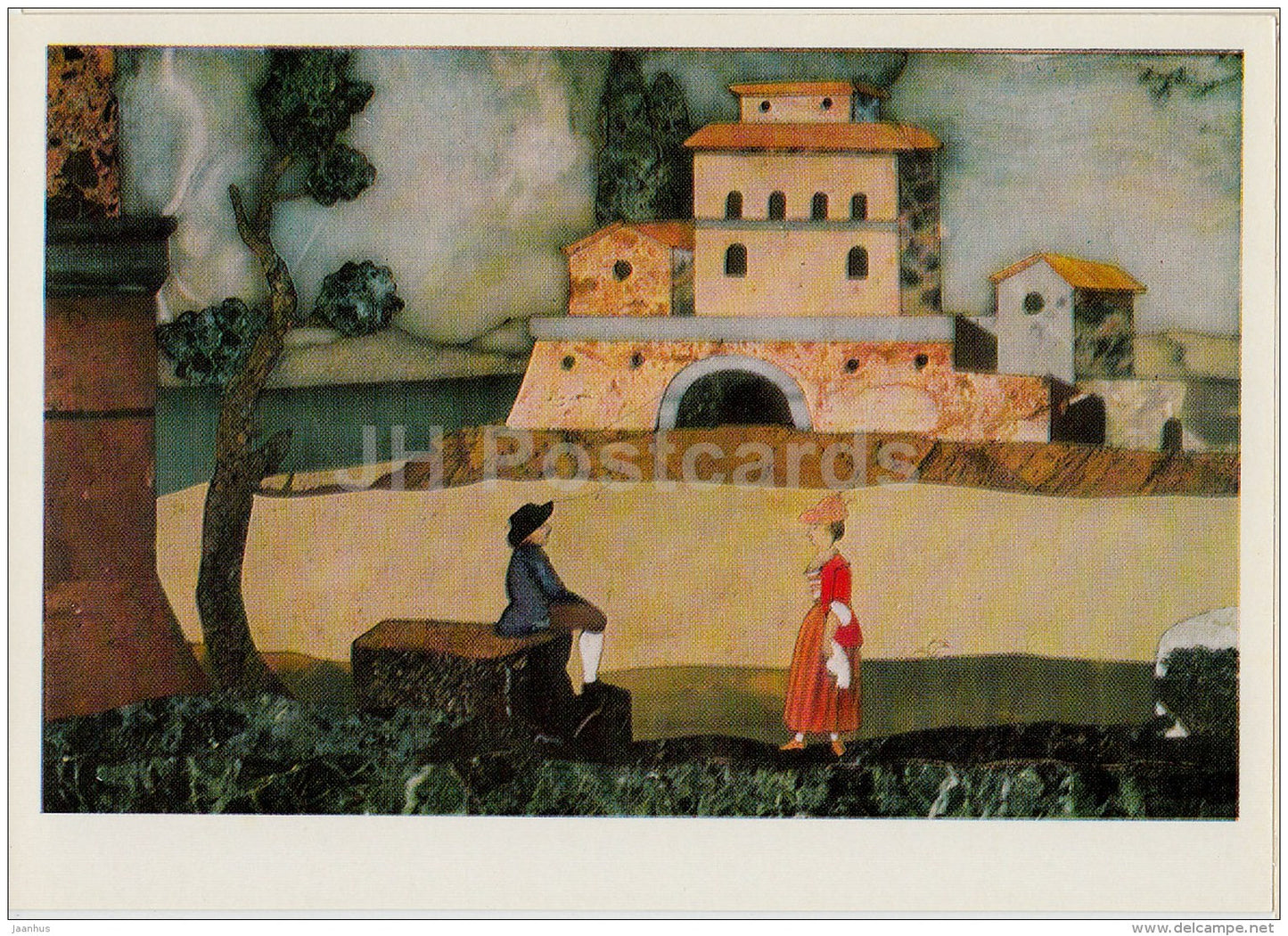 Plaque , Landscape with a Castle - Florentine Mosaic - Italian art - 1974 - Russia USSR - unused - JH Postcards