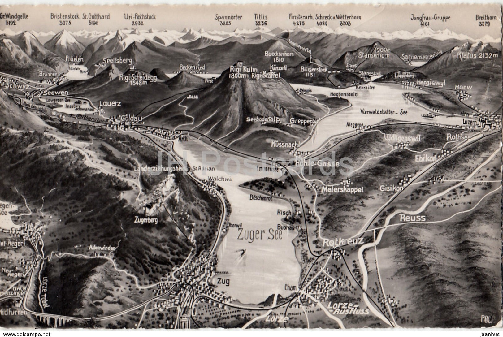 Zuger See - Rigi-Kulm - Rotkreuz - map - 256 - Switzerland - old postcard - unused - JH Postcards