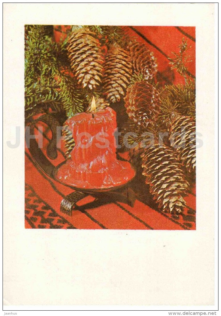 New Year Greeting Card - candle - fir cones - 2 - 1980 - Estonia USSR - used - JH Postcards