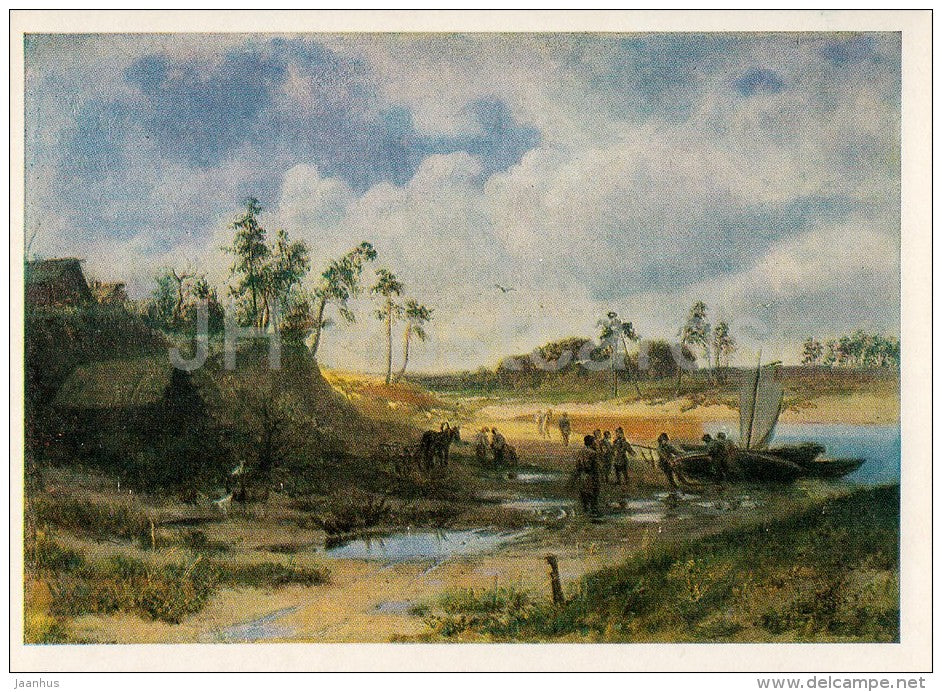 painting by F. Vasilyev - Landscape . Peasants with a boat on the shore - Russian art - 1985 - Russia USSR - unused - JH Postcards