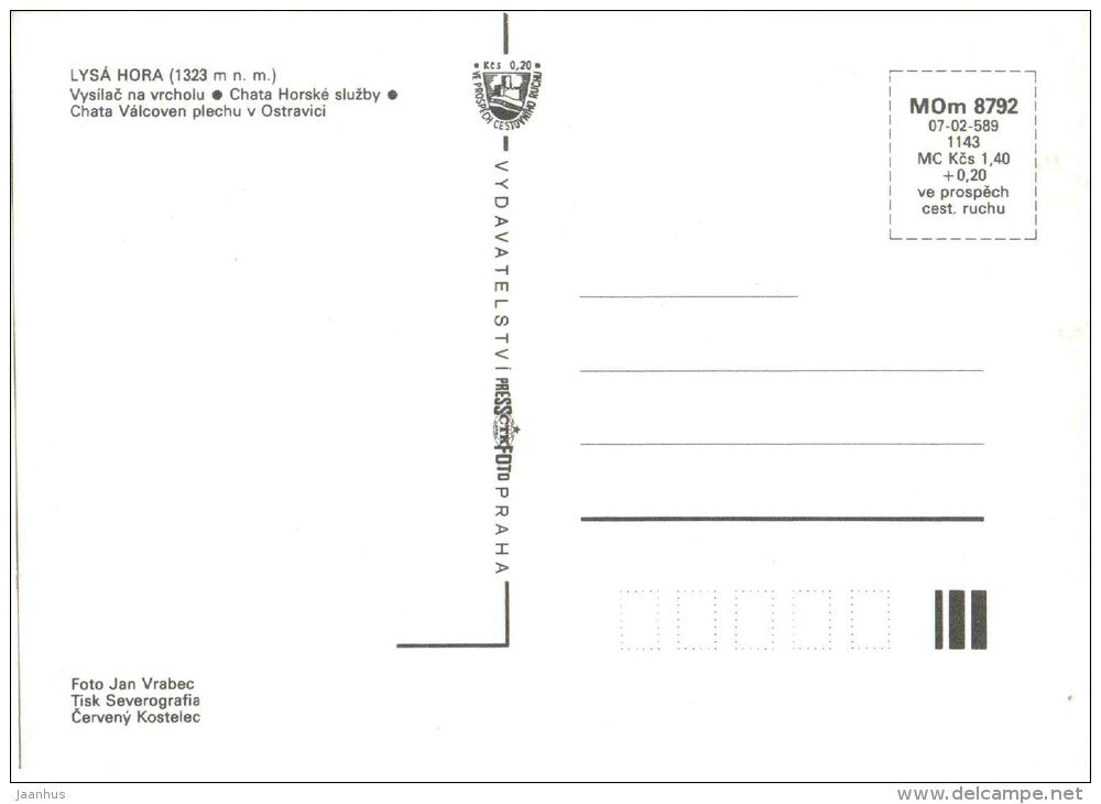 Lysa Hora , 1323 m - transmitter on top - cottage - pool - mountain - Czechoslovakia - Czech - unused - JH Postcards