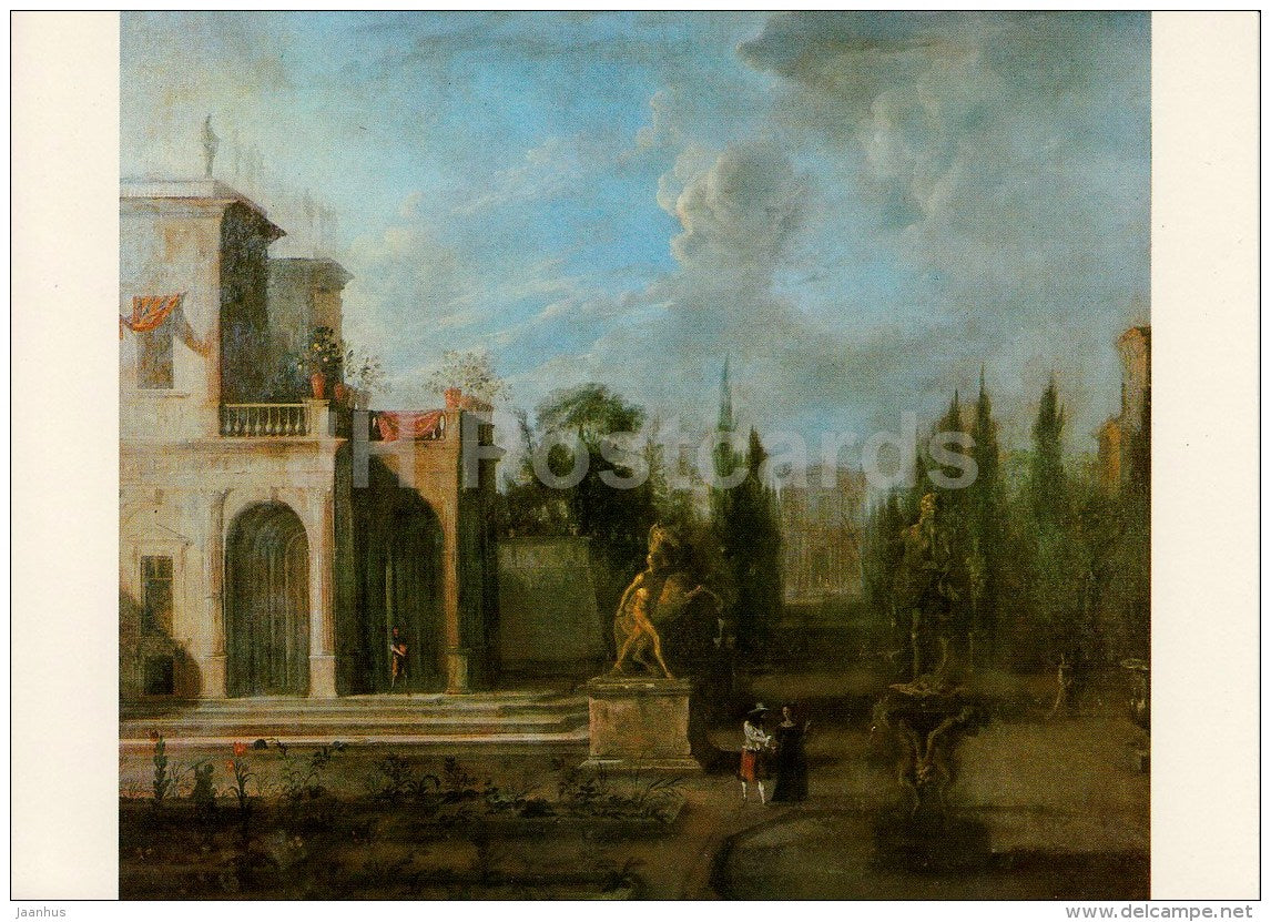 painting by Johann Heinrich Schönfeld - Italian Villa in a Park - Italian art - large format card - Czech - unused - JH Postcards