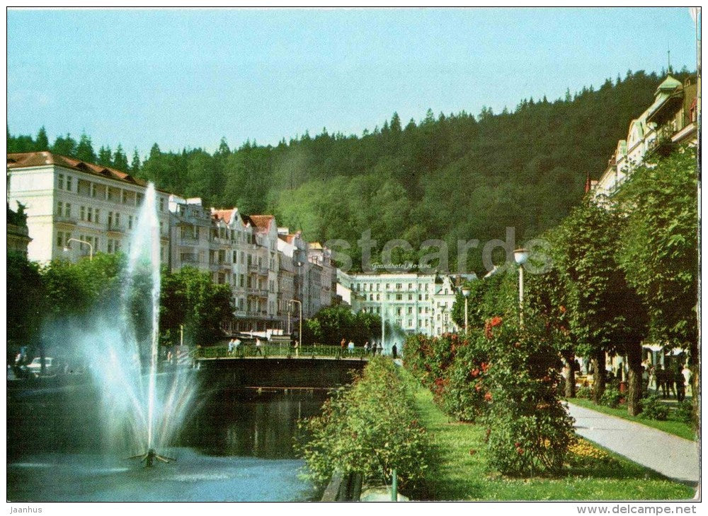 Karlovy Vary - Karlsbad - spa - view of the spa across the river Tepla - fountain - Czechoslovakia - Czech - unused - JH Postcards