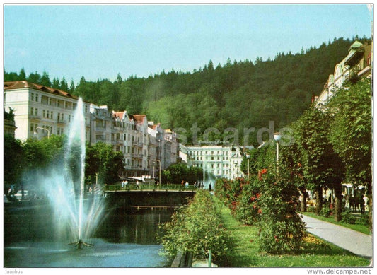 Karlovy Vary - Karlsbad - spa - view of the spa across the river Tepla - fountain - Czechoslovakia - Czech - unused - JH Postcards