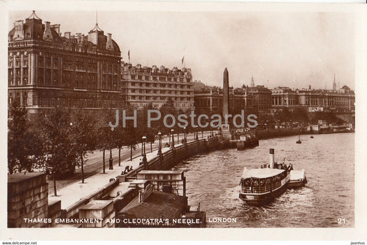 London - Thames Embankment and Cleopatra's Needle - steamer boat - 21 - old postcard - England - United Kingdom - unused - JH Postcards