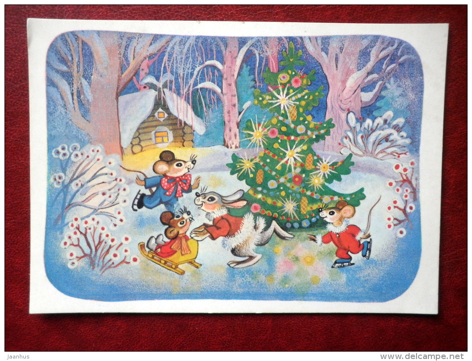 New Year greeting card - by T. Grudinina - hare - mouse - ice-skating - 1986 - Russia USSR - used - JH Postcards