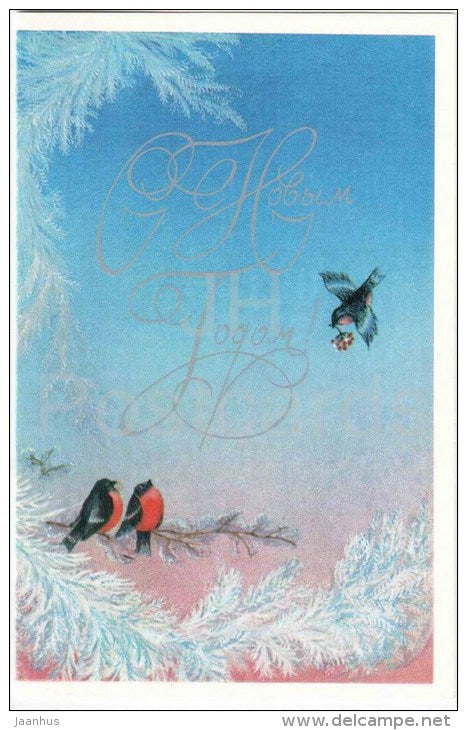 New Year greeting card by Utkina - bullfinch - birds - 1982 - Russia USSR - unused - JH Postcards