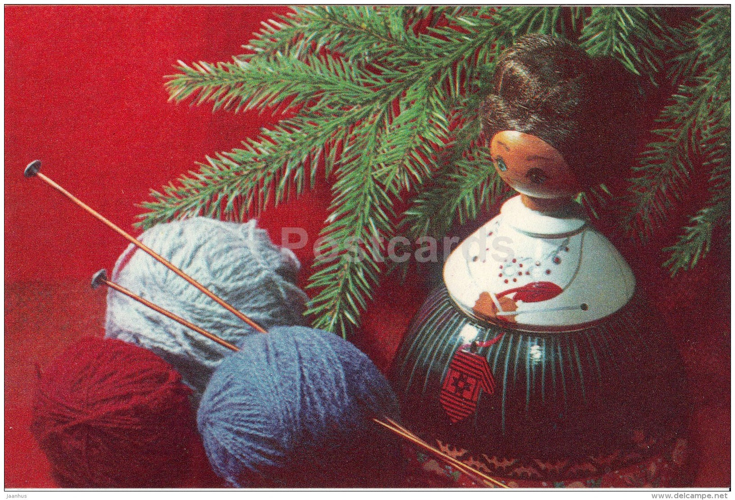 New Year Greeting card - 2 - clew - rods - doll in folk costumes - 1972 - Estonia USSR - unused - JH Postcards