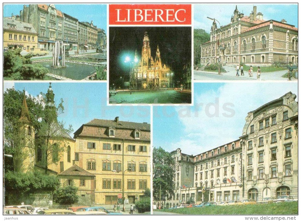 Liberec - Saldy square - town hall - Sokolovna - castle - interhotel Zlaty Lev - Czechoslovakia - Czech - unused - JH Postcards