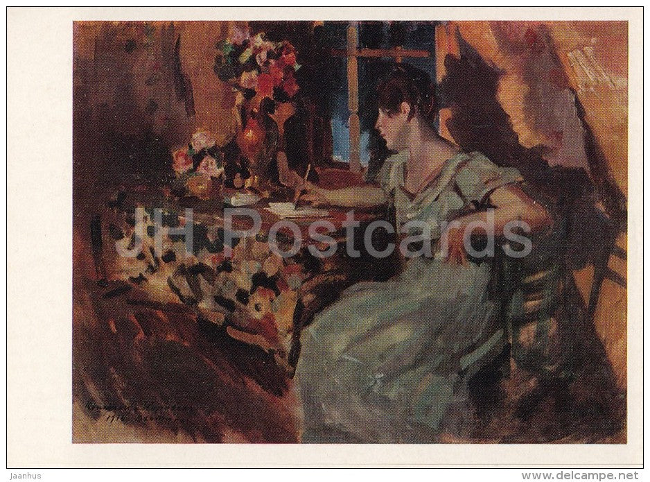 painting by K. Korovin - Winter twilight , 1916 - woman - Russian art - 1976 - Russia USSR - unused - JH Postcards