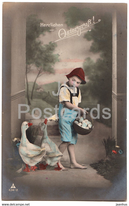 Easter Greeting Card - Herzlichen Ostergruss - boy - duck - eggs - PH 634-2 - old postcard - 1923 - Germany - used - JH Postcards