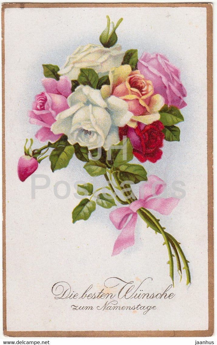 Greeting Card - Die besten Wunsche zum Namenstage - flowers - roses - BR 1250 - old postcard - Germany - unused - JH Postcards