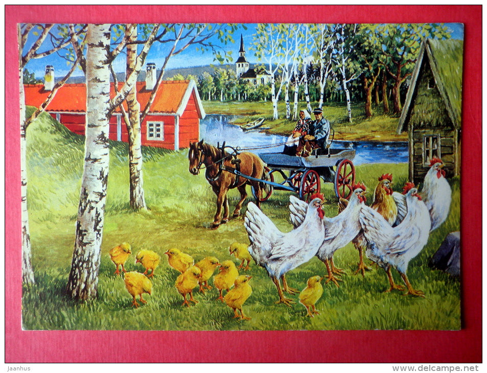 illustration by Erik Forsman - horse carriage - chicken - 2193 - Finland- sent from Finland Turku to Estonia USSR 1982 - JH Postcards