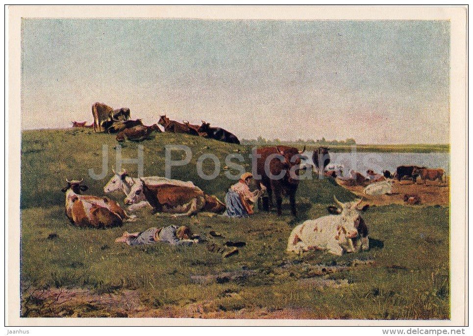 painting by V. Makovsky - Herd in the field , 1872 - Russian art - 1953 - Russia USSR - unused - JH Postcards