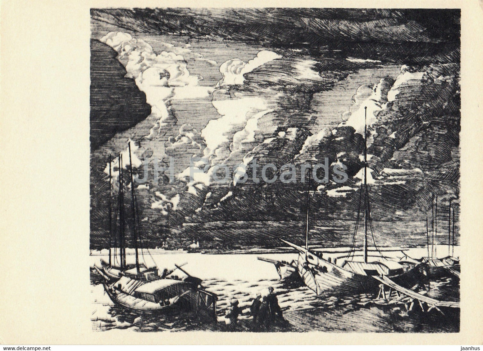 illustration by Kravchenko - Thunderstorm on the Volga river - boat - 1962 - Russia USSR - unused - JH Postcards