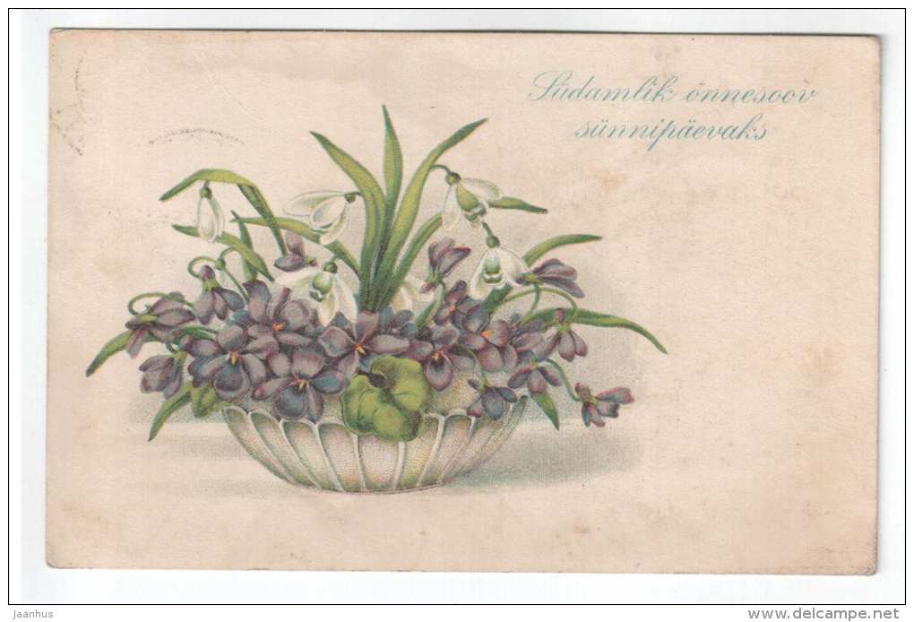 Greeting Card - flowers - snowdrop - KJ 21 - old postcard - circulated in Estonia 1938 - used - JH Postcards