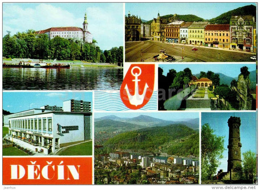 castle - Lenin square - restaurant Atlantic - rose garden - mountains - Decin - Czech - Czechoslovakia - unused - JH Postcards