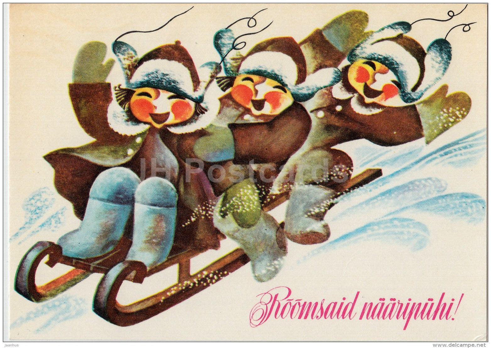 New Year Greeting Card by I. Raudsepp - children - sledge - 1977 - Estonia USSR - used - JH Postcards