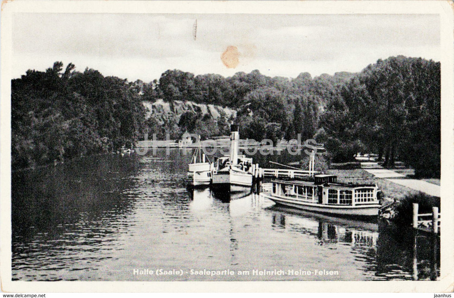 Halle - Saale - Saalepartie am Heinrich Heine Felsen - boat - ship - old postcard - 1958 - Germany DDR - used - JH Postcards