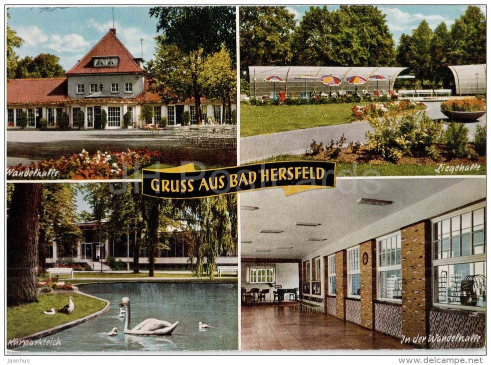 Gruss aus Bad Hersfeld - Wandelhalle - Liegehalle - Kurparkteich - Schwan - swan - Germany - ungelaufen - JH Postcards