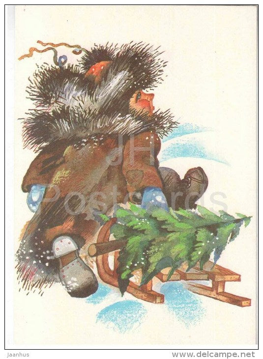 New Year Greeting card - by I. Raudsepp - sleigh - boy - fir tree - 1984 - Estonia USSR - used - JH Postcards